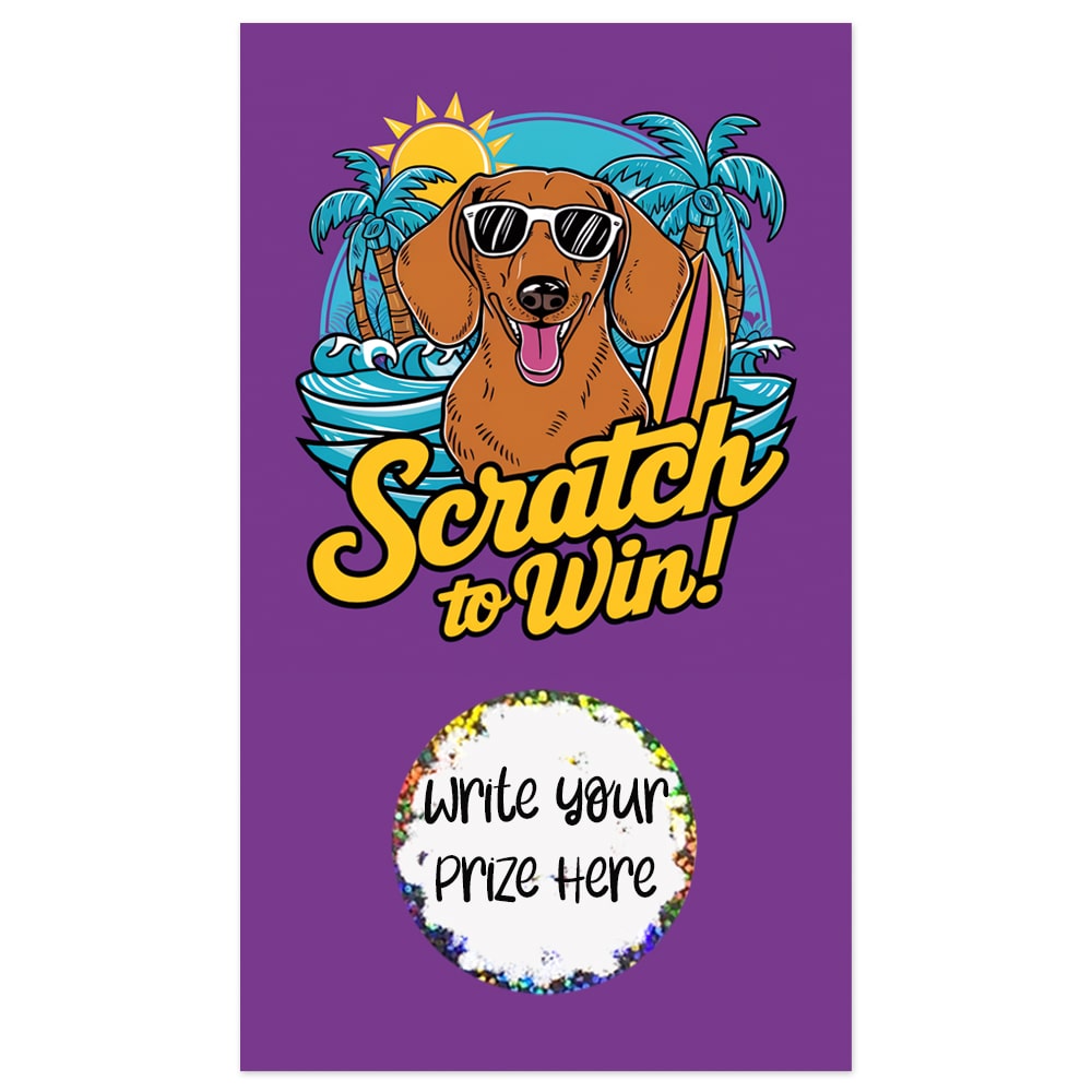 Wiener dog scratch-off card, Dachshund scratch-off card, Summer scratch-off card, Dog-themed scratch-off card, Fun scratch-off card, Cute dog scratch-off card, Summer party scratch-off card, Novelty scratch-off card, Wiener dog greeting card, Dachshund greeting card, Summer fun scratch-off card, Personalized scratch-off card, Custom scratch-off card, Wiener dog surprise card, Dog lover scratch-off card, Wiener dog game card, Dachshund game card, Festive scratch-off card