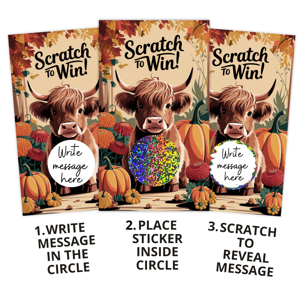 Fall baby Highland cow scratch off card, Autumn scratch off card, Highland cow scratch off, Baby cow scratch off card, Thanksgiving scratch off, Fall-themed scratch off, Highland cow giveaway card, Harvest scratch off, Cute cow scratch off, Autumn baby animal card, Fall scratch off game, Thanksgiving game card, Rustic fall card, Cozy autumn scratch off, Baby cow giveaway, Highland cow theme, Fall prize card, Harvest baby cow card, Baby cow fall theme, Seasonal scratch off card, Fall scratch-off card