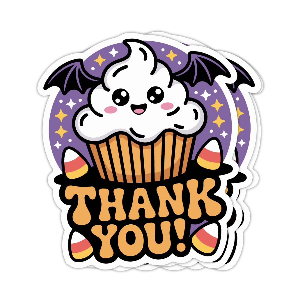 Halloween-themed sticker with a cupcake, bats, and candy corn on a purple background. cute halloween cupcake sticker, halloween cupcake sticker, kawaii halloween cupcake, halloween dessert sticker, spooky cupcake sticker, halloween candy corn sticker, cute candy corn sticker, halloween sweet treat sticker, cupcake thank you sticker, halloween cupcake thank you sticker, candy corn thank you sticker, spooky sweet sticker, halloween bakery sticker, halloween baking sticker, halloween pastry sticker, halloween
