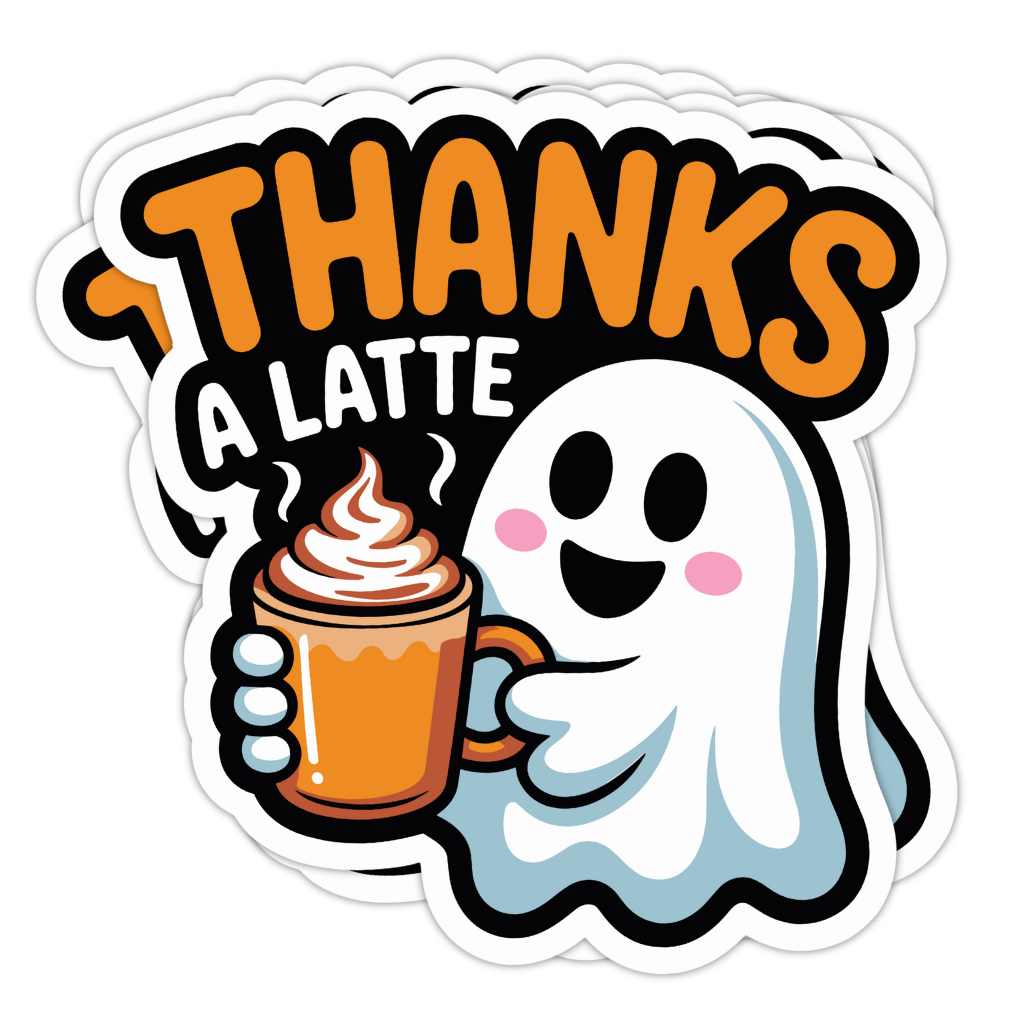cute fall sticker, fall coffee sticker, pumpkin spice latte ghost, cozy fall coffee sticker, autumn ghost sticker, fall latte sticker, cozy autumn vibes, fall cafe sticker, pumpkin coffee lover, warm fall drinks sticker, thanks a latte sticker, thank you coffee sticker, customer