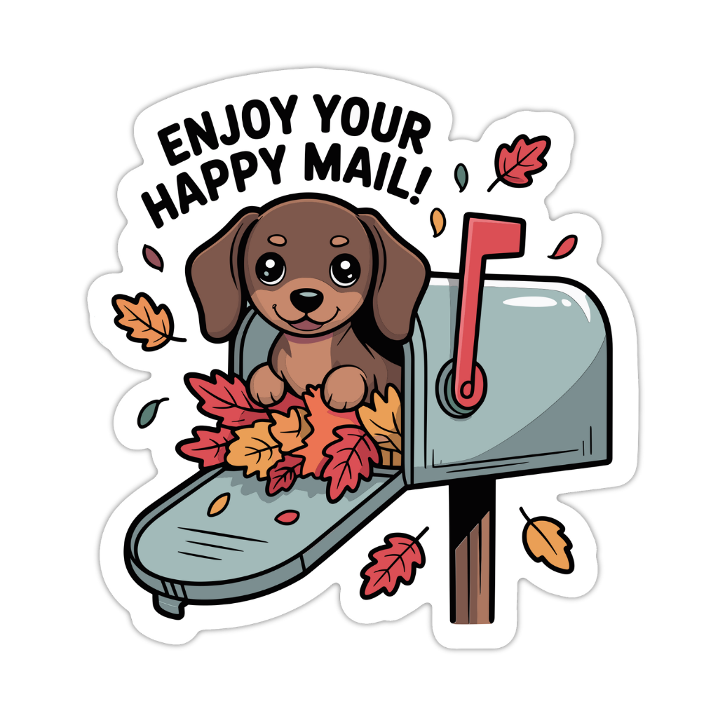 Sticker with a dog in a mailbox surrounded by autumn leaves and 'Enjoy Your Happy Mail!' text. cute dachshund sticker, fall dachshund sticker, autumn dachshund sticker, dachshund happy mail sticker, dachshund enjoy your mail sticker, weiner dog sticker, cute dog sticker, fall dog sticker, autumn dog sticker, cozy fall dog sticker, pumpkin dachshund sticker, dog with scarf sticker, cute pet sticker, dachshund mail sticker, dachshund packaging sticker, happy mail sticker, enjoy your happy mail sticker