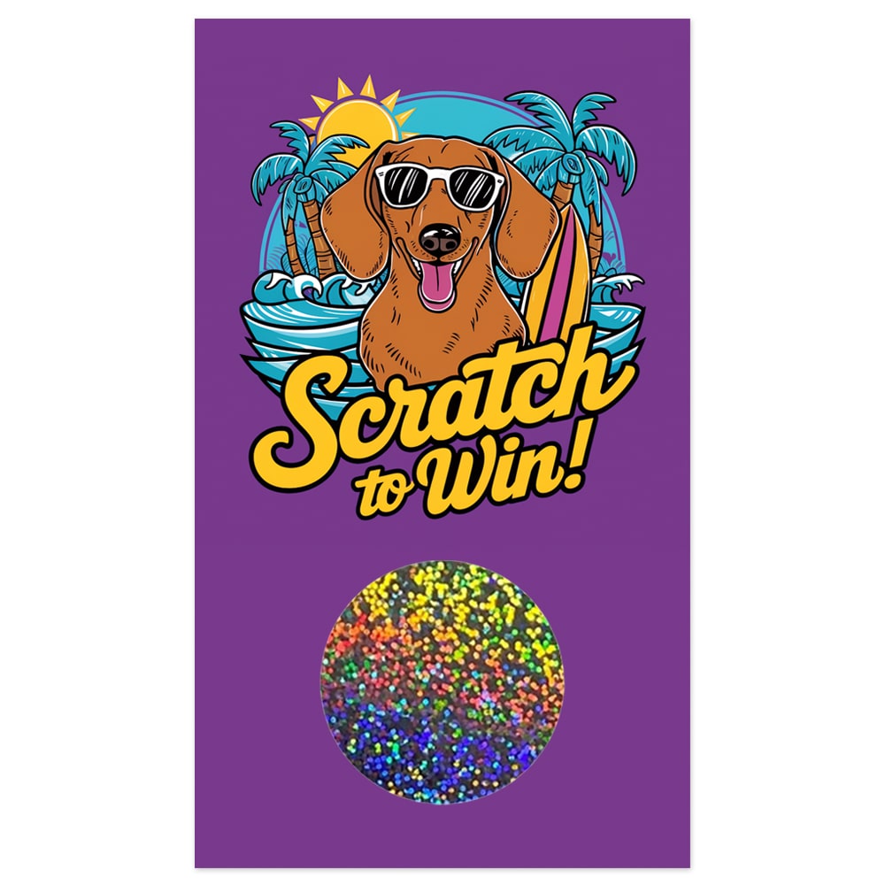 Wiener dog scratch-off card, Dachshund scratch-off card, Summer scratch-off card, Dog-themed scratch-off card, Fun scratch-off card, Cute dog scratch-off card, Summer party scratch-off card, Novelty scratch-off card, Wiener dog greeting card, Dachshund greeting card, Summer fun scratch-off card, Personalized scratch-off card, Custom scratch-off card, Wiener dog surprise card, Dog lover scratch-off card, Wiener dog game card, Dachshund game card, Festive scratch-off card