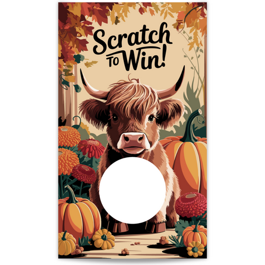 Fall baby Highland cow scratch off card, Autumn scratch off card, Highland cow scratch off, Baby cow scratch off card, Thanksgiving scratch off, Fall-themed scratch off, Highland cow giveaway card, Harvest scratch off, Cute cow scratch off, Autumn baby animal card, Fall scratch off game, Thanksgiving game card, Rustic fall card, Cozy autumn scratch off, Baby cow giveaway, Highland cow theme, Fall prize card, Harvest baby cow card, Baby cow fall theme, Seasonal scratch off card, Fall scratch-off card