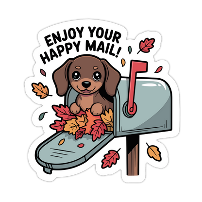 Sticker with a dog in a mailbox surrounded by autumn leaves and 'Enjoy Your Happy Mail!' text. cute dachshund sticker, fall dachshund sticker, autumn dachshund sticker, dachshund happy mail sticker, dachshund enjoy your mail sticker, weiner dog sticker, cute dog sticker, fall dog sticker, autumn dog sticker, cozy fall dog sticker, pumpkin dachshund sticker, dog with scarf sticker, cute pet sticker, dachshund mail sticker, dachshund packaging sticker, happy mail sticker, enjoy your happy mail sticker