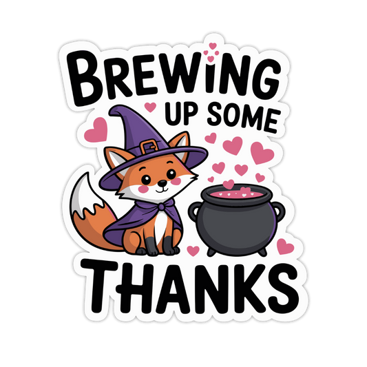 Sticker with a fox in a witch hat and cauldron, text 'Brewing up some thanks', on a white background. cute fox sticker, fox witch sticker, halloween fox sticker, kawaii fox sticker, fox in witch hat sticker, spooky cute fox, fox halloween thank you sticker, halloween thank you sticker, cute halloween sticker, pastel halloween sticker, fox happy mail sticker, halloween happy mail sticker, fox packaging sticker, small business halloween sticker, spooky fox art, halloween fox illustration, woodland halloween