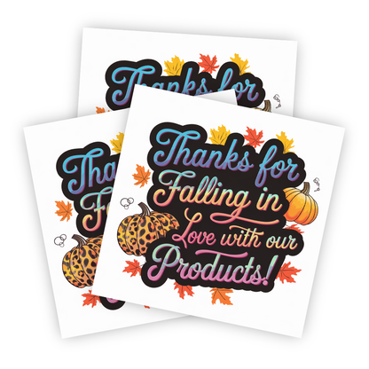 Fall pumpkin sticker, Thanks for falling in love sticker, Autumn thank you sticker, Pumpkin thank you sticker, Customer appreciation sticker, Fall-themed product label, Pumpkin spice season, Small business sticker, Fall vibes sticker, Customer love sticker, Handmade thank you, Cozy autumn sticker, Thanksgiving sticker, Fall season label, Cute pumpkin sticker, Grateful for customers, Fall product label, Pumpkin patch vibes, Seasonal thank you, Warm fall vibes, Rustic fall sticker, Harvest season thank you