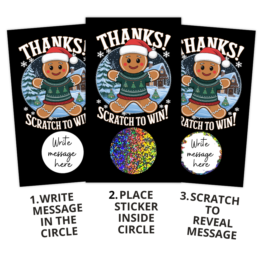Winter party game, Christmas party favors, Scratch-off Christmas card, Gingerbread party theme, Holiday giveaway card, Christmas game card, Gingerbread man scratcher, DIY scratch-off card, Festive holiday card, Gingerbread decoration, Scratch-off holiday fun, Winter party scratcher, Christmas card game, Gingerbread contest card, Christmas prize card, Holiday scratch-and-win, Winter-themed scratcher, Personalized scratch-off, Holiday