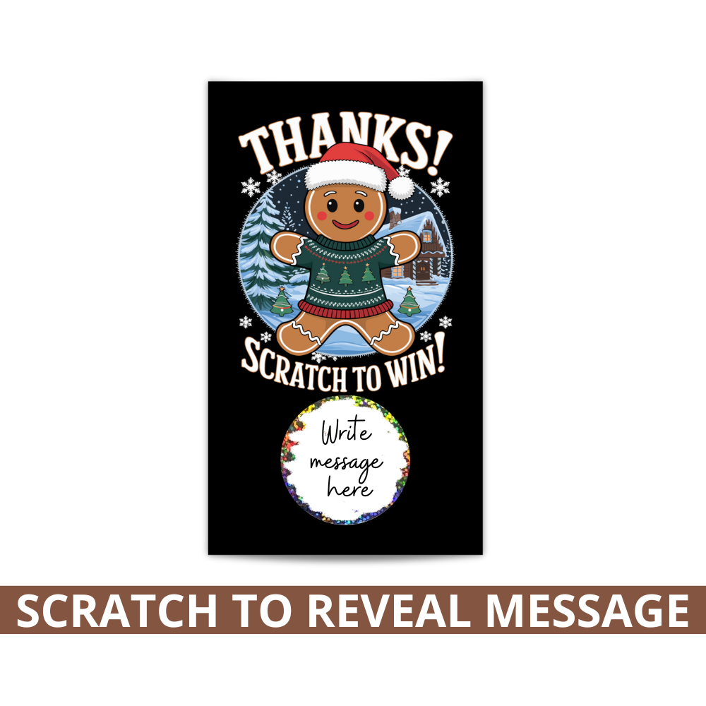 Scratch-off Christmas card, Gingerbread party theme, Holiday giveaway card, Christmas game card, Gingerbread man scratcher, DIY scratch-off card, Festive holiday card, Gingerbread decoration, Scratch-off holiday fun, Winter party scratcher, Christmas card game, Gingerbread contest card, Christmas prize card, Holiday scratch-and-win, Winter-themed scratcher, Personalized scratch-off, Holiday