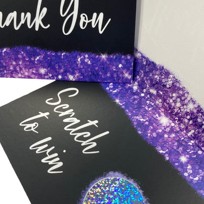 Purple Glitter Folded Thank You Scratch Off Cards and scratch off stickers for small business owners and direct sales