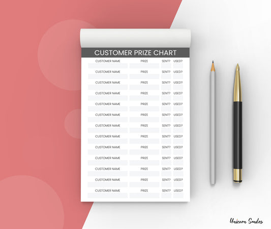 Customer Prize Chart Tracker Notepad Track Prizes Gift Tracker 50 pages